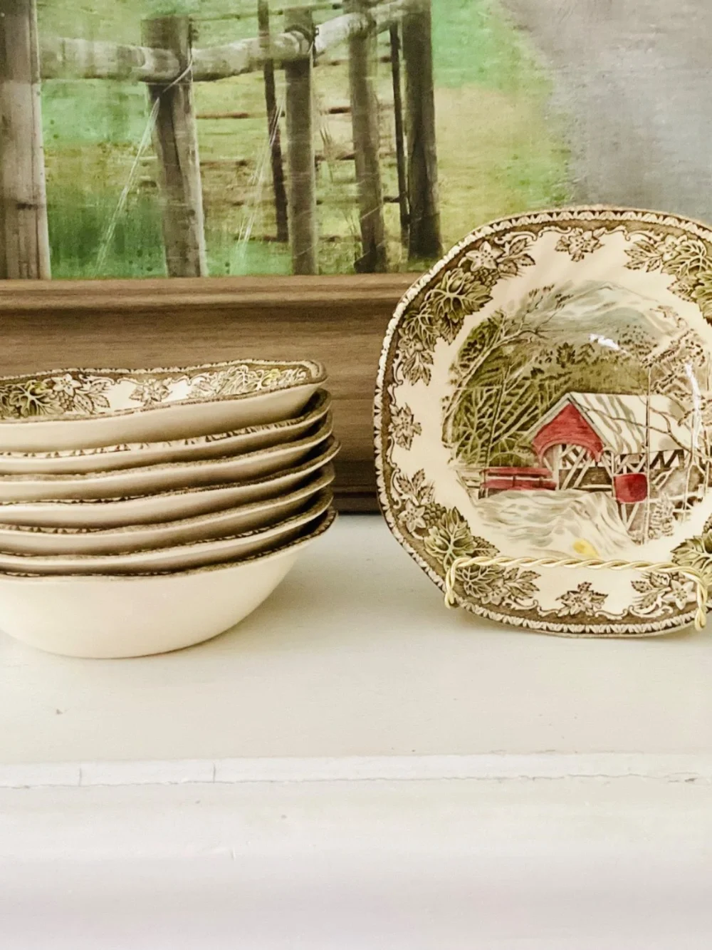 The Friendly Village Johnson Brothers bowls Set of 8 England The covered Bridge